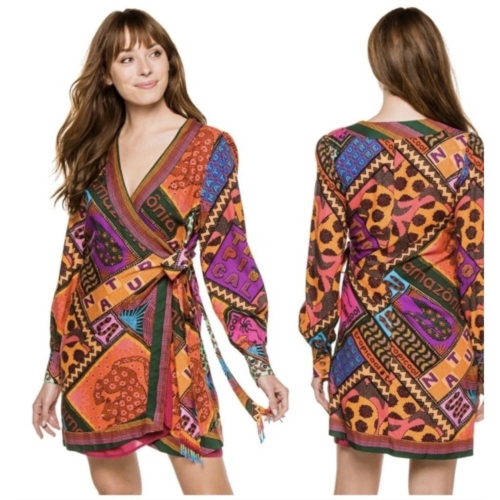 Farm Rio Dotted Patch Scarf Mini Dress M Small Wrap Tassel Tie Mixed Print Nwt